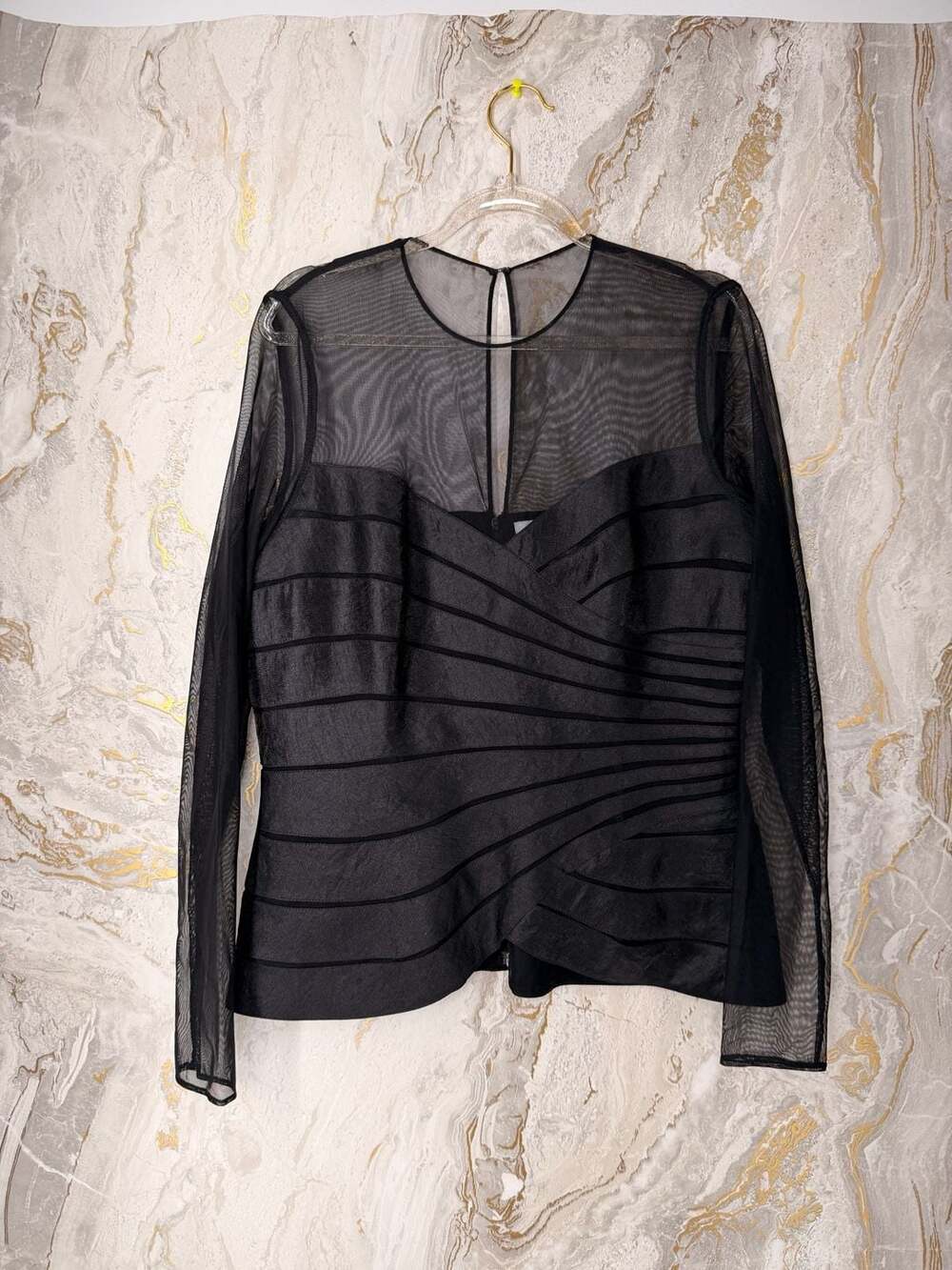 Victor Costa Black Sheer Mesh Long Sleeve Bandage Top Size 8